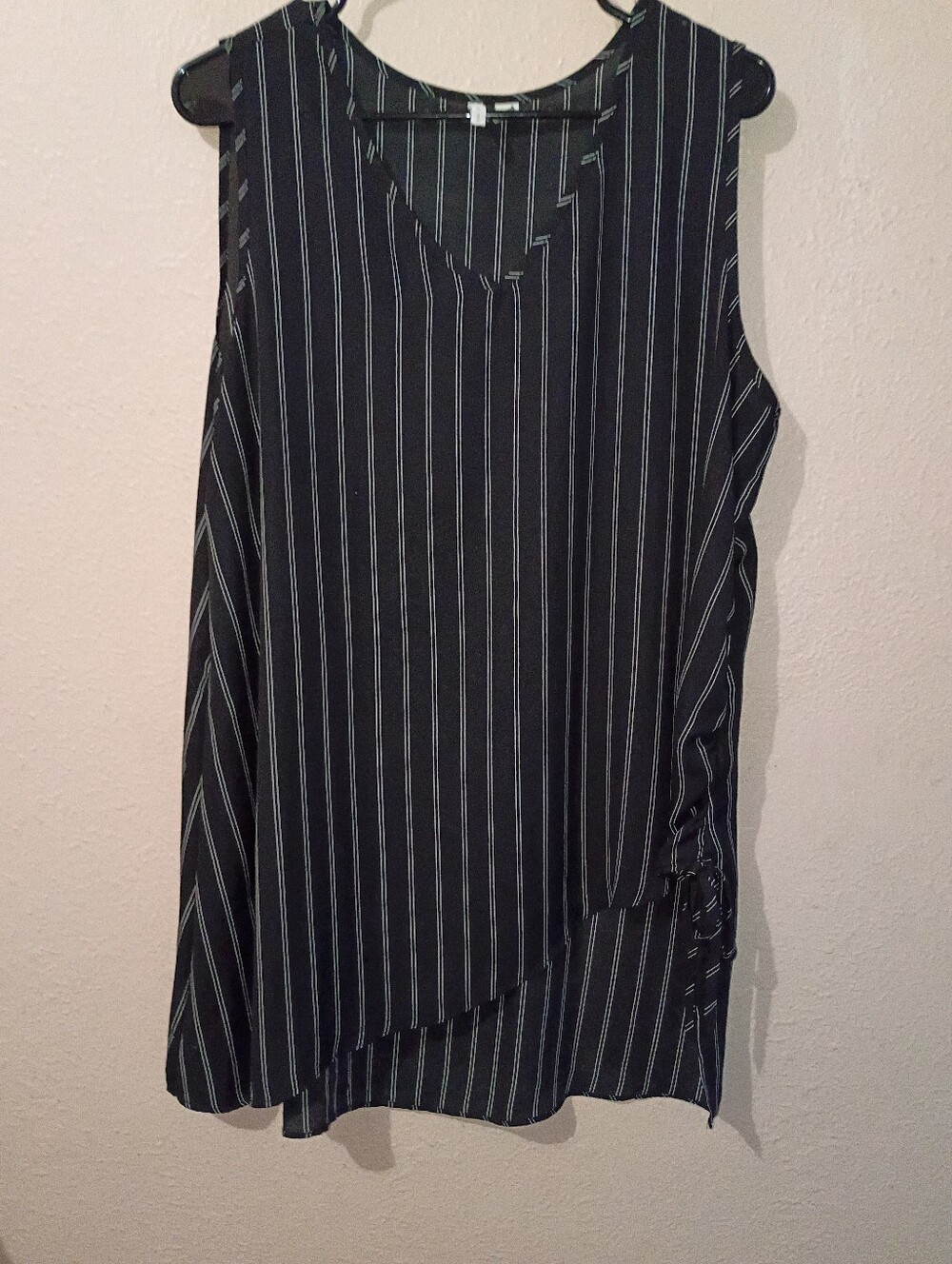Cato Size XL Sleeveless Black Pinstripe Asymmetric Tie-Detail Top